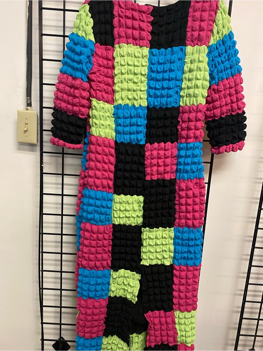 Colorblock Textured Midi Dress in Neon Pink, Blue & Lime